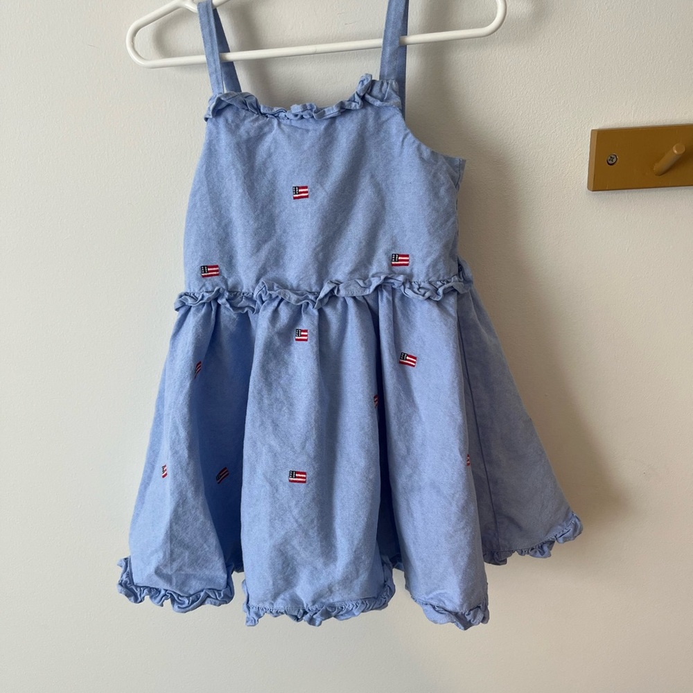 Janie and Jack Light Blue Ruffled Kids Dress with Embroidered Flags